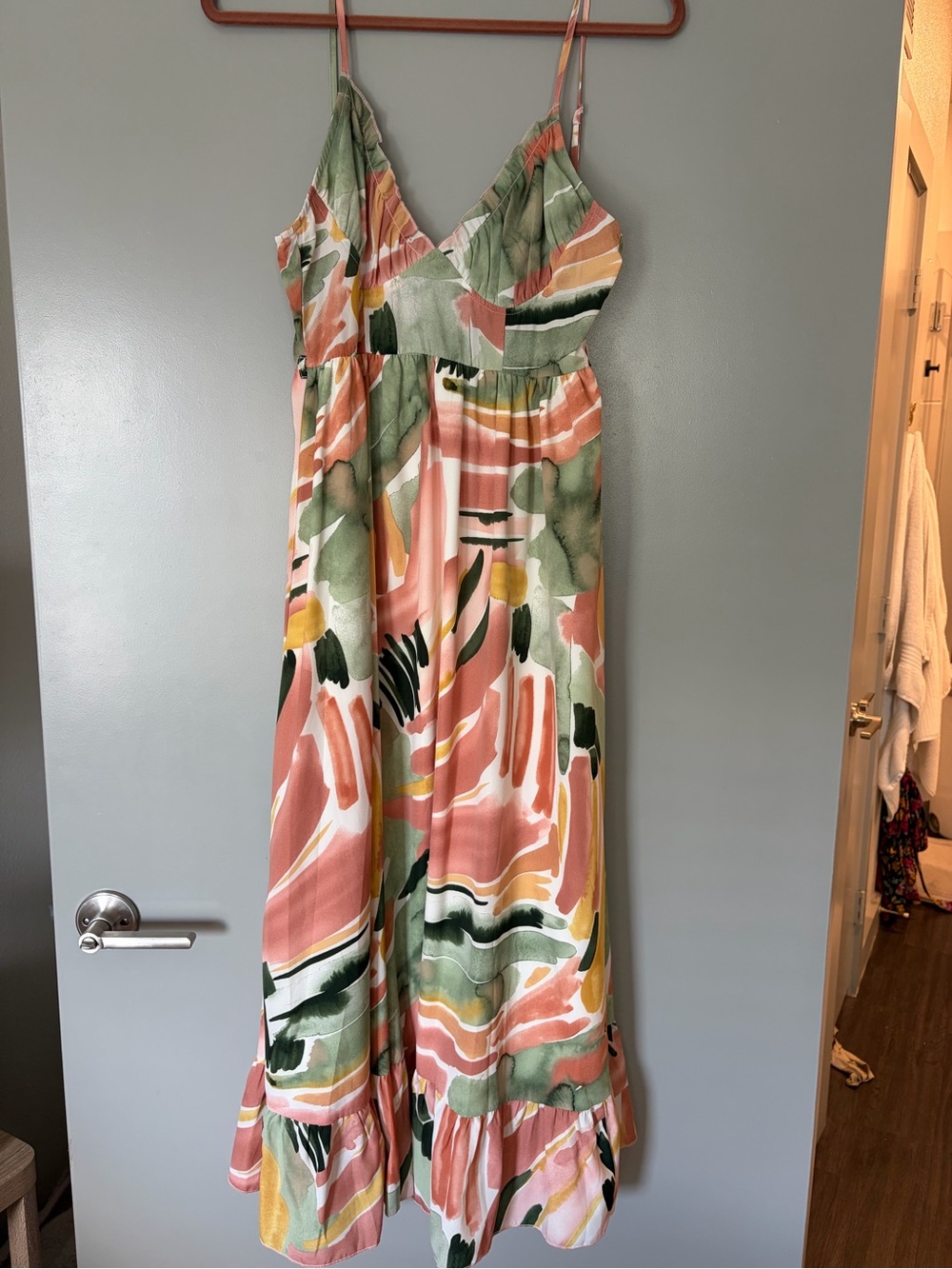 Simple Floral-Abstract Maxi Dress in Pink, Green & Yellow